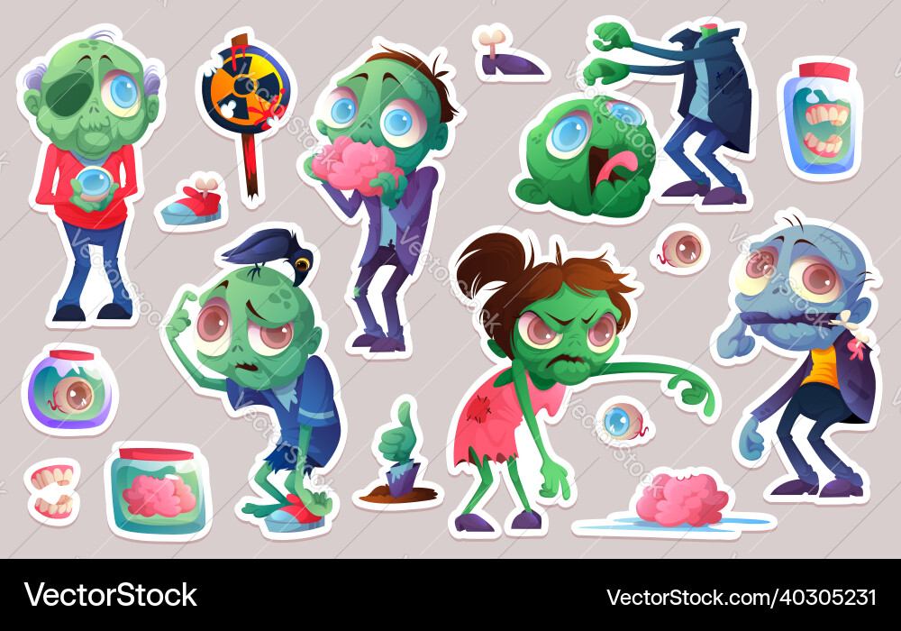 Set von Aufkleber Cartoon Zombie lustige Figuren Set von Aufkleber Cartoon Zombie lustige Figuren vektorbild