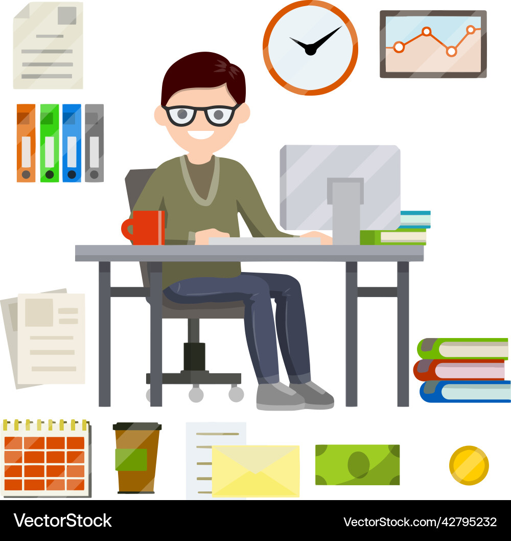 Man sit at desk with computer and typing Man sit at desk with computer and typing Vector Image