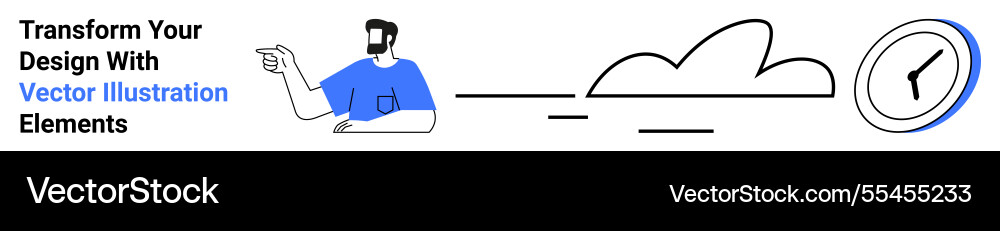 Man gesturing towards cloud design and clock Man gesturing towards cloud design and clock vector image