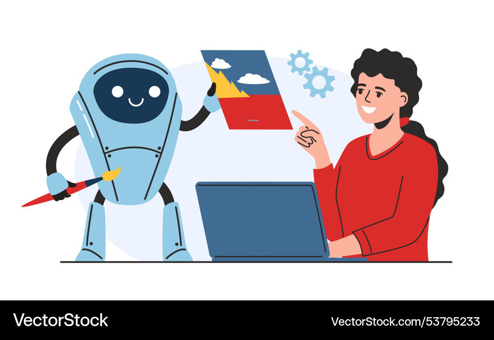 Robotic assistant is collaborating with a person Robotic assistant is collaborating with a person vector image