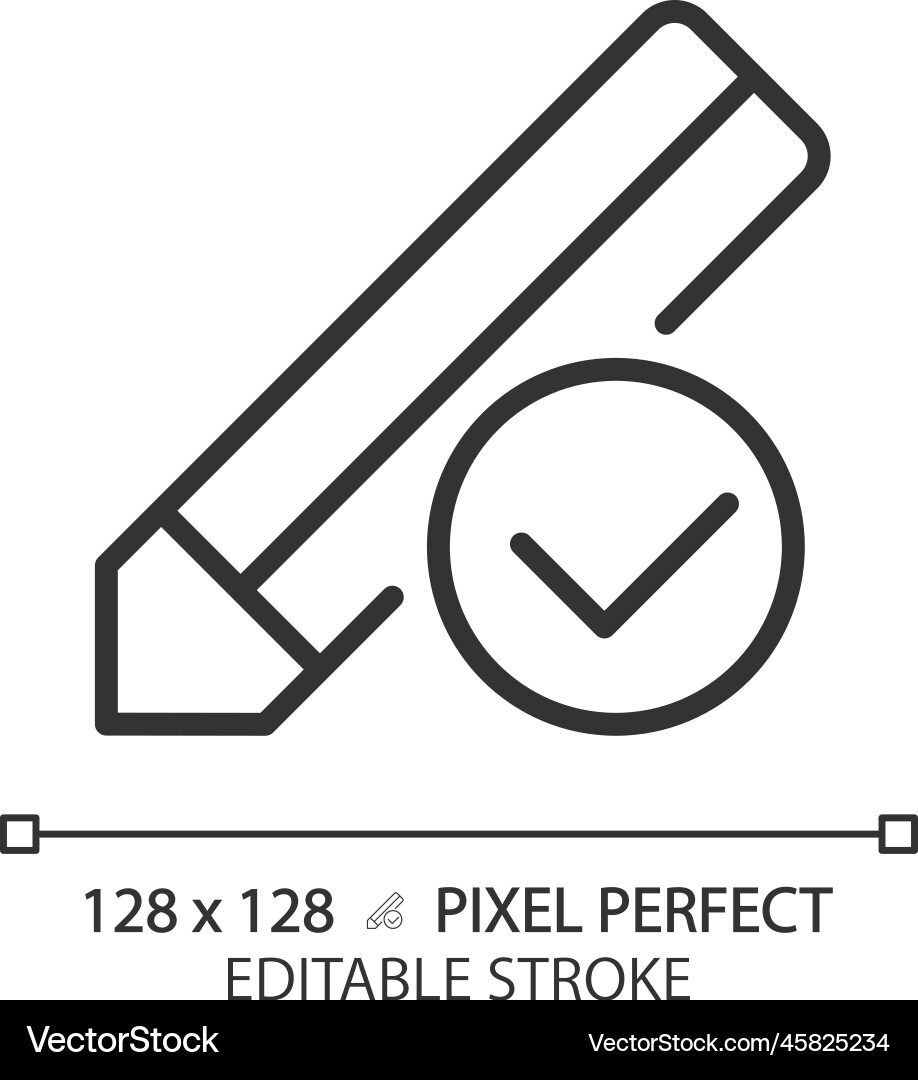 Pencil with check mark pixel perfect linear icon Pencil with check mark pixel perfect linear icon Vector Image