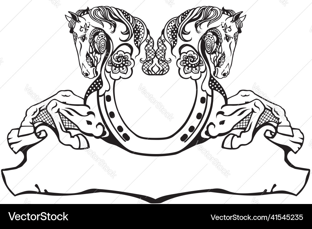 Horseshoe and two decorative horses Vector Image