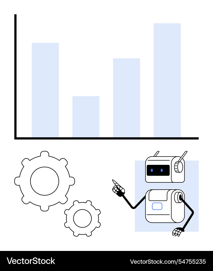 Robot analyzes bar graph with gears highlighting Vector Image