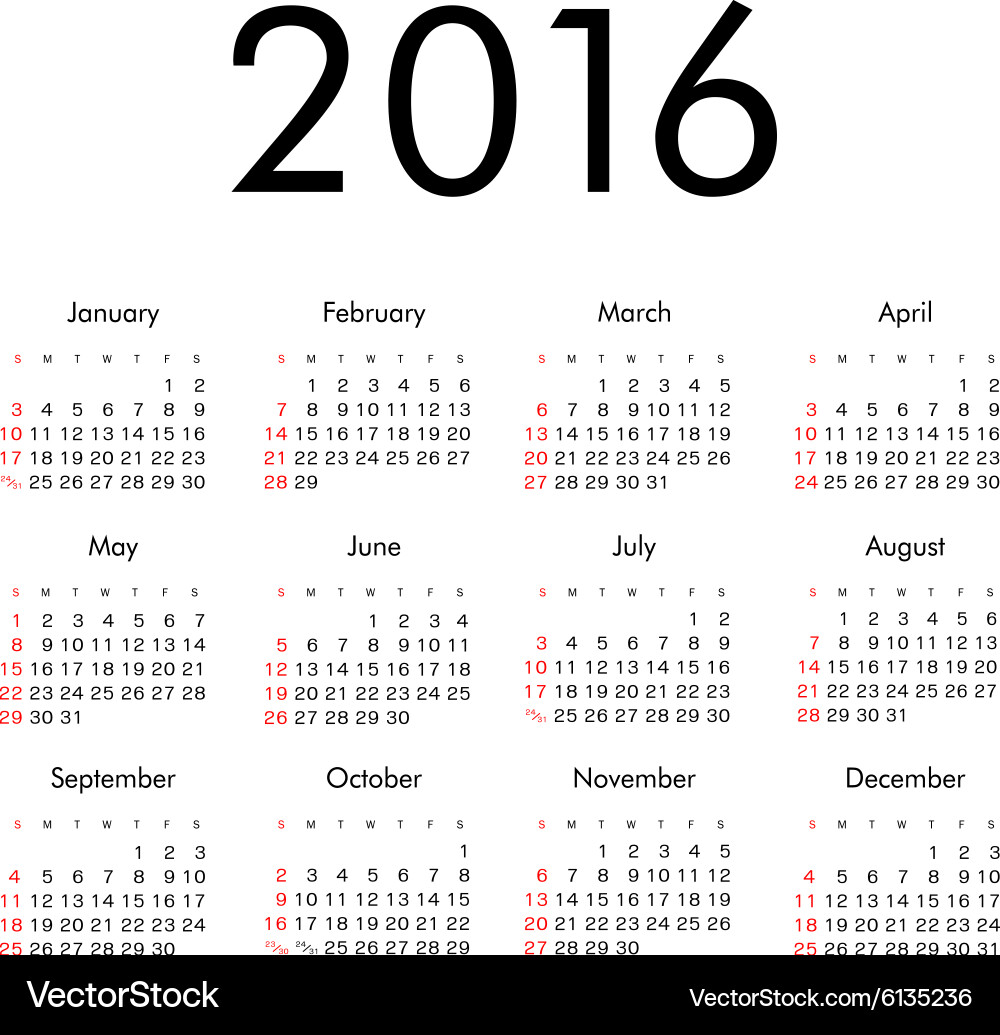 Simple 2016 year calendar Royalty Free Vector Image Simple 2016 year calendar Royalty Free Vector Image