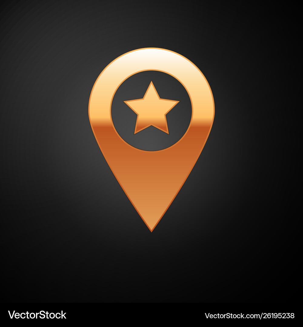 Gold map pointer with star icon isolated on black Gold map pointer with star icon isolated on black Vector Image