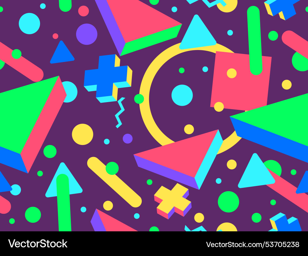 Seamless pattern with 3d geometric shapes in 80s Seamless pattern with 3d geometric shapes in 80s vector image