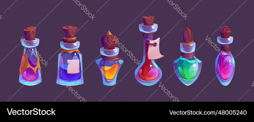Cartoon set of elixir bottles on black background Cartoon set of elixir bottles on black background vector image