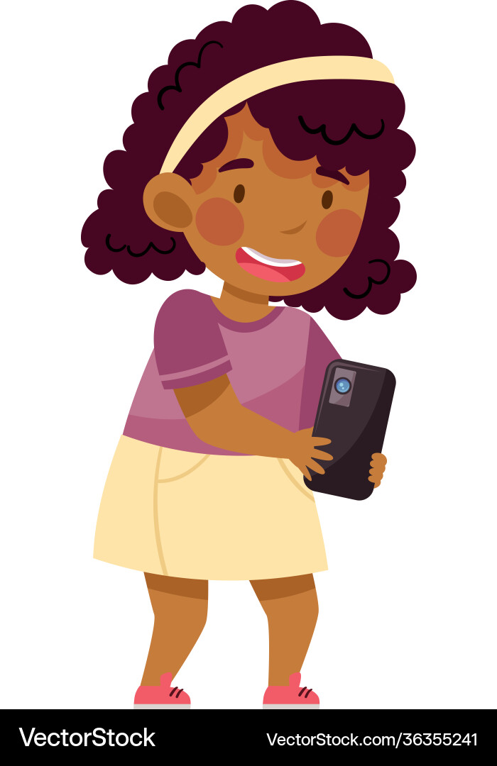 Funny african american girl holding smartphone Funny african american girl holding smartphone vector image
