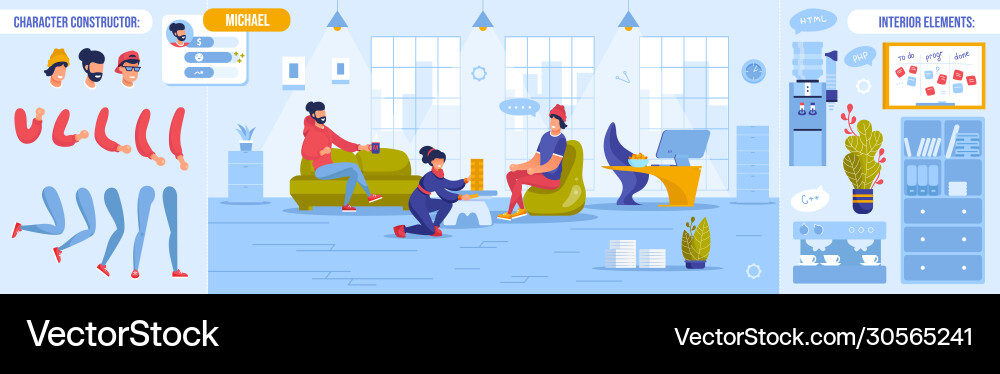 Open workspace and worker character constructor Open workspace and worker character constructor Vector Image