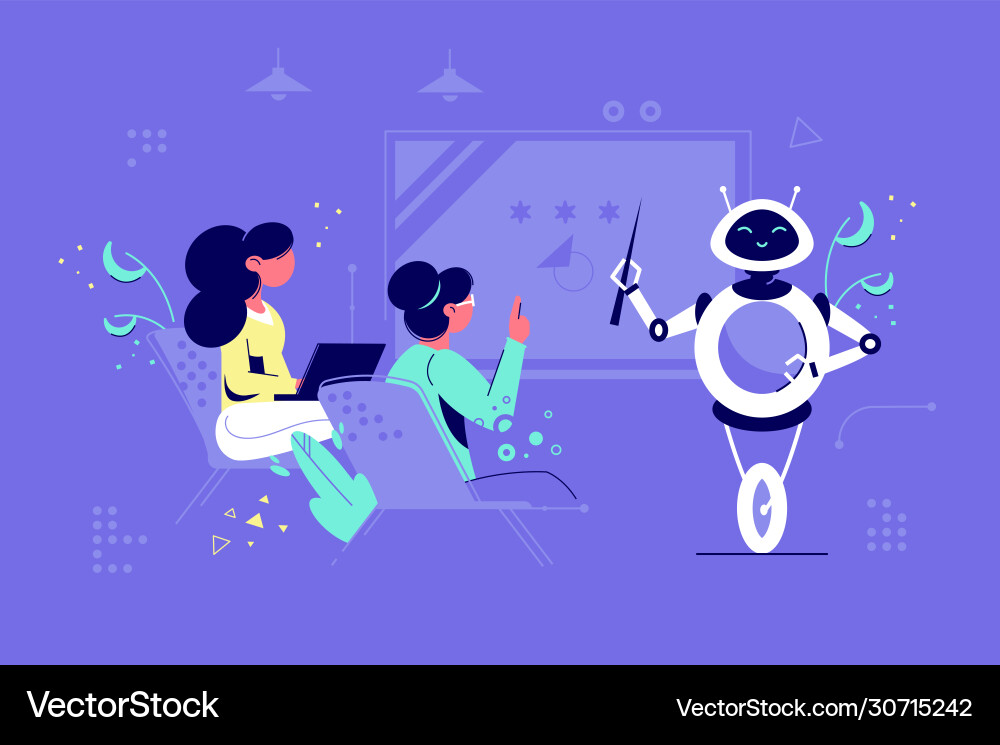 White robot explain lecture with pointer White robot explain lecture with pointer vector image