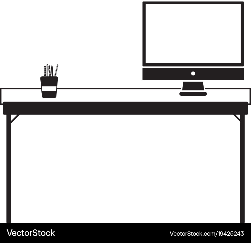 Contour wood desk object with computer screen Vector Image