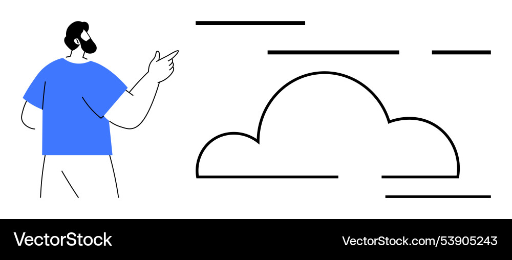 Man pointing at cloud with simple lines and blue Man pointing at cloud with simple lines and blue vector image