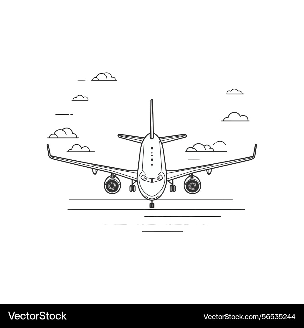 Airplane on runway with clouds in line art style Vector Image