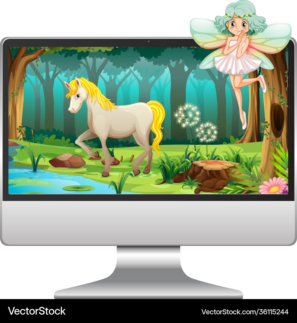 Computer monitor with fairy and c on screen Vector Image