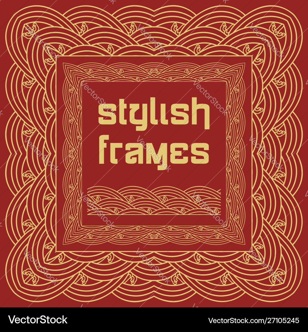 Golden frames with waves on red background Golden frames with waves on red background Vector Image