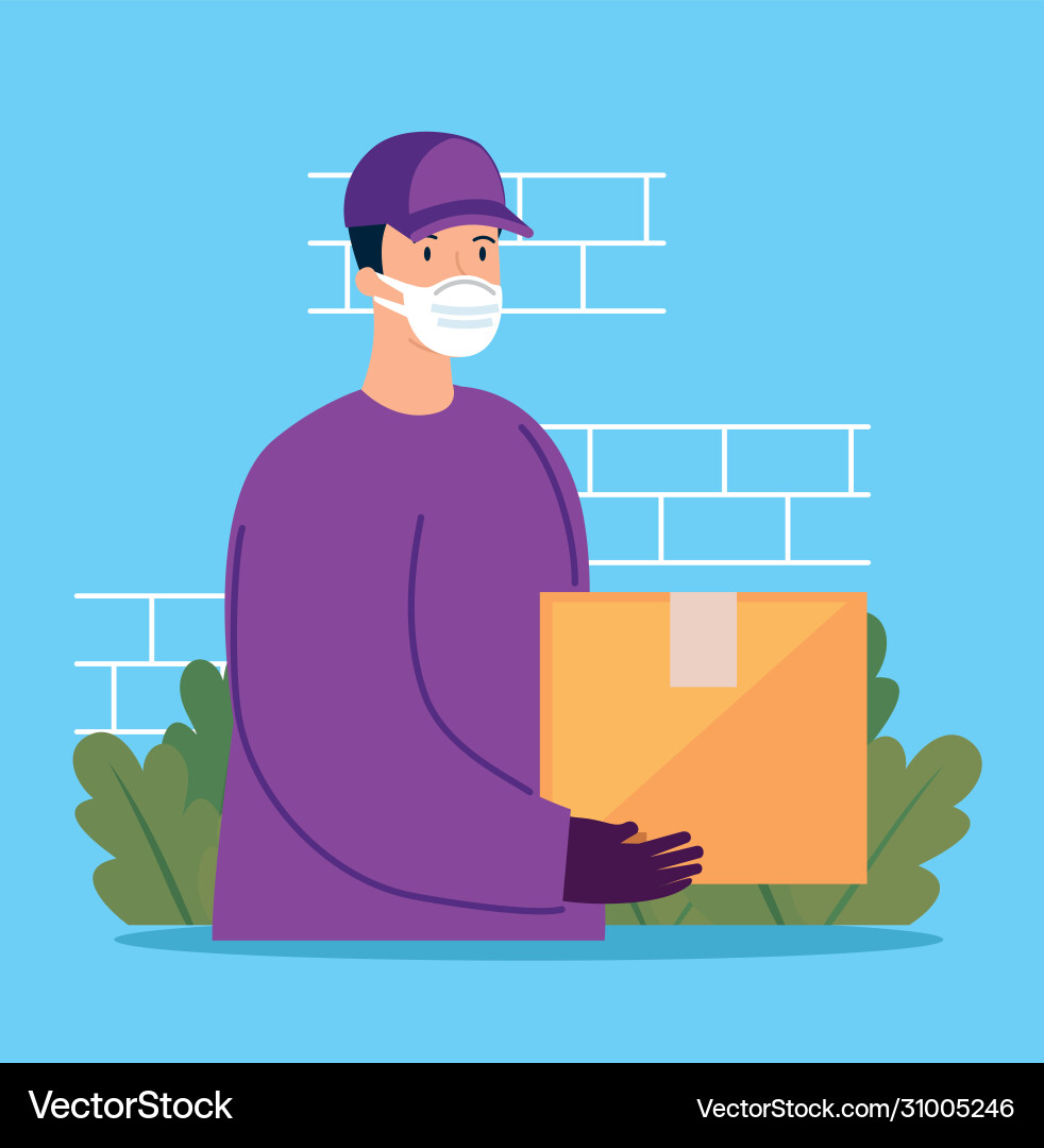 Delivery worker using face mask with box package Delivery worker using face mask with box package Vector Image