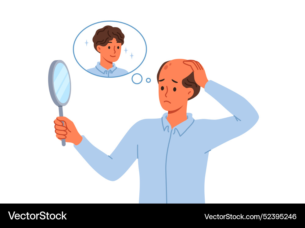 Problem of baldness in man looking mirror Problem of baldness in man looking mirror vector image