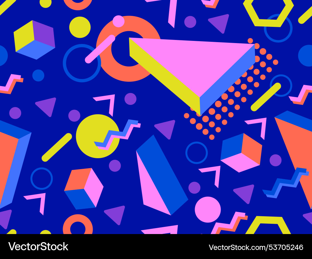 Seamless pattern with 3d geometric shapes in 80s Seamless pattern with 3d geometric shapes in 80s vector image
