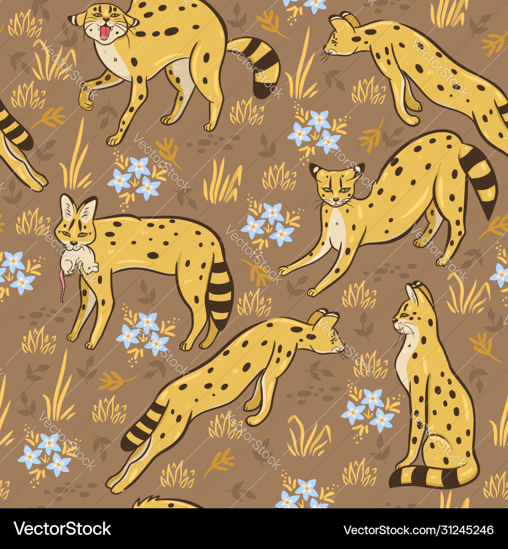 Seamless pattern with servals in savannah Seamless pattern with servals in savannah Vector Image