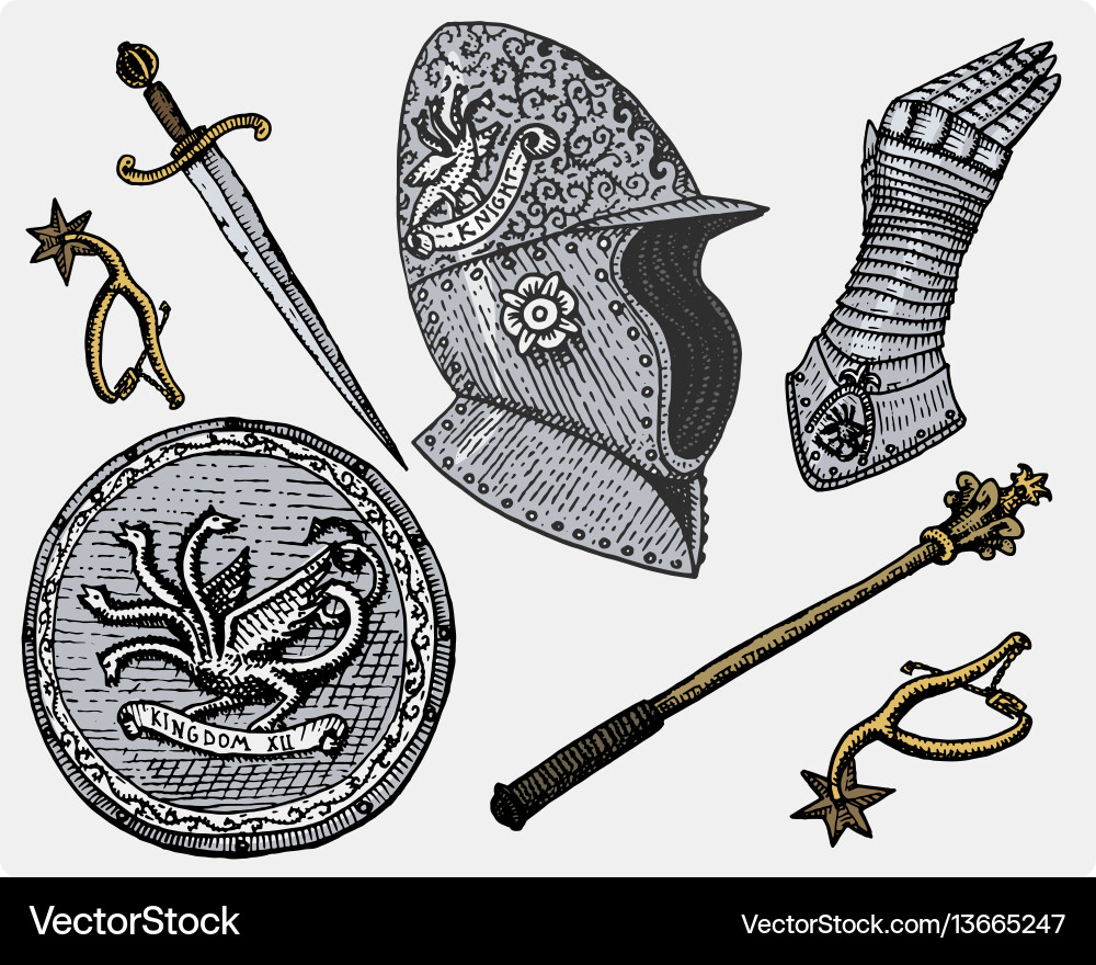 Medieval symbols helmet and gloves shield Vector Image