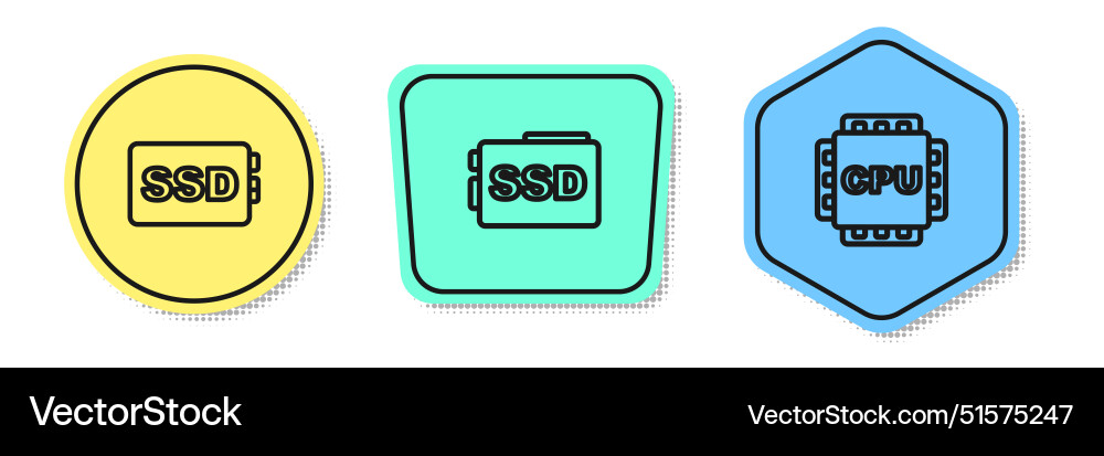 Set line ssd card and processor with cpu colored Set line ssd card and processor with cpu colored vector image