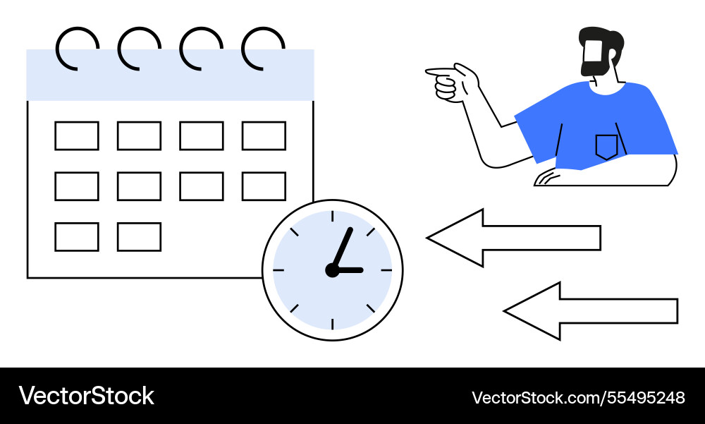 Man gesturing towards calendar and clock Man gesturing towards calendar and clock vector image