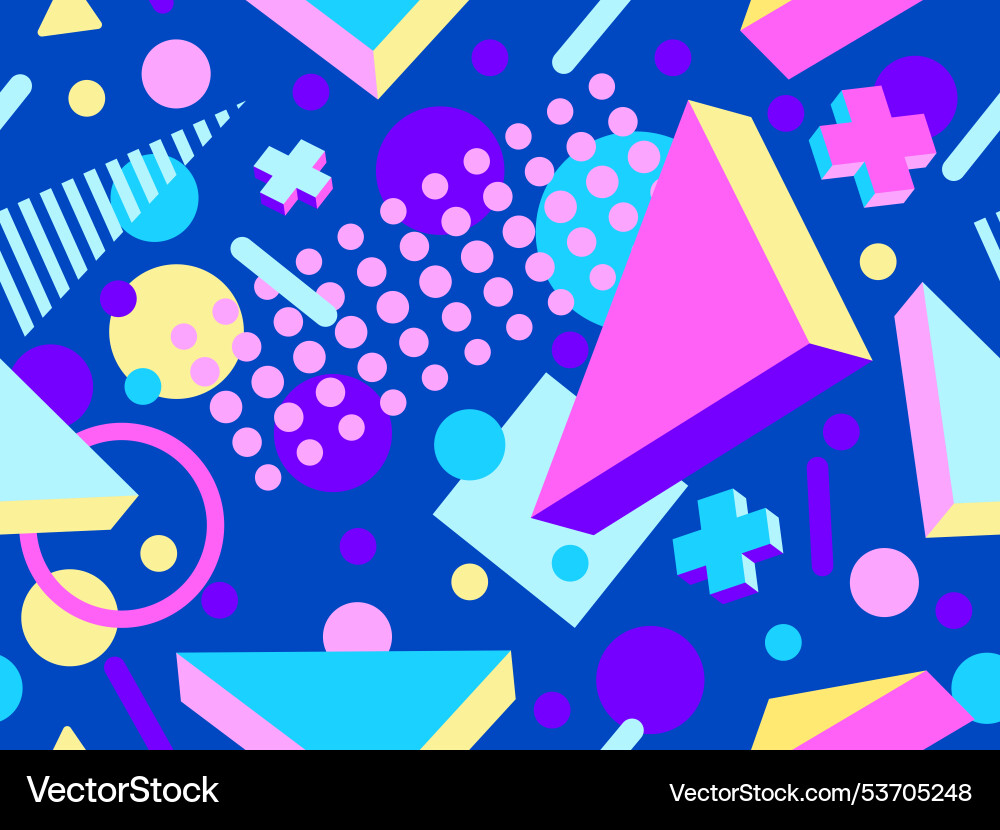 Seamless pattern with 3d geometric shapes in 80s Seamless pattern with 3d geometric shapes in 80s vector image