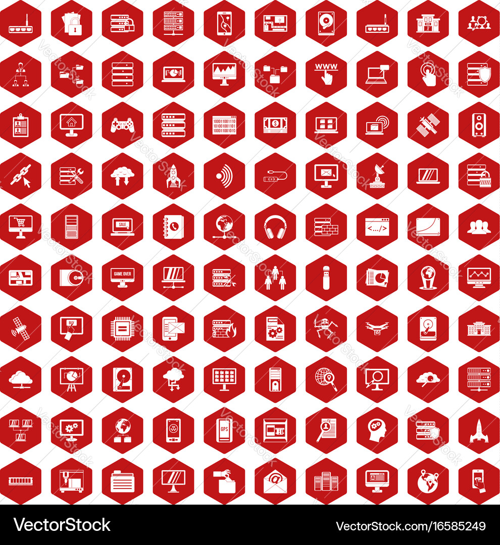 100 database and cloud icons hexagon red vector image