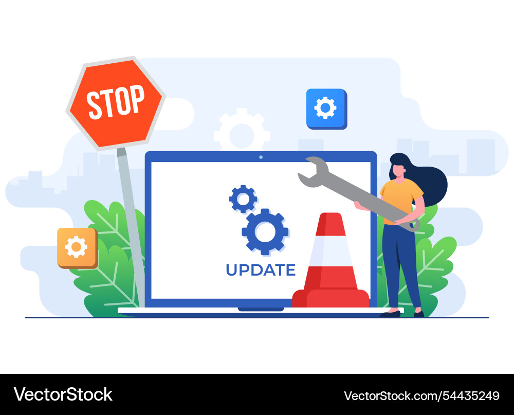Laptop computer with software update screen flat Laptop computer with software update screen flat vector image