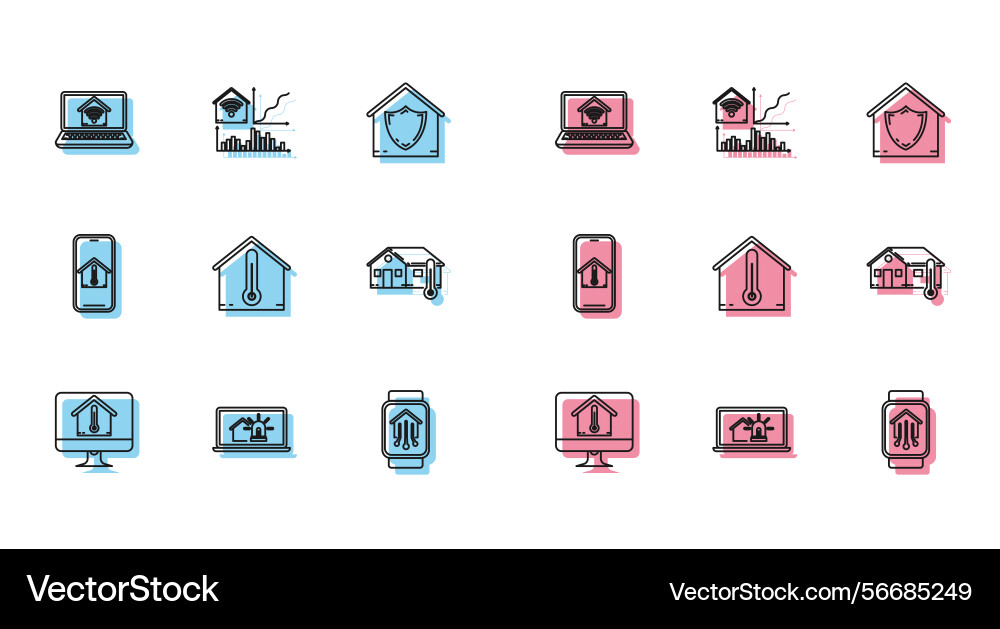 Set line computer monitor with house temperature Set line computer monitor with house temperature vector image