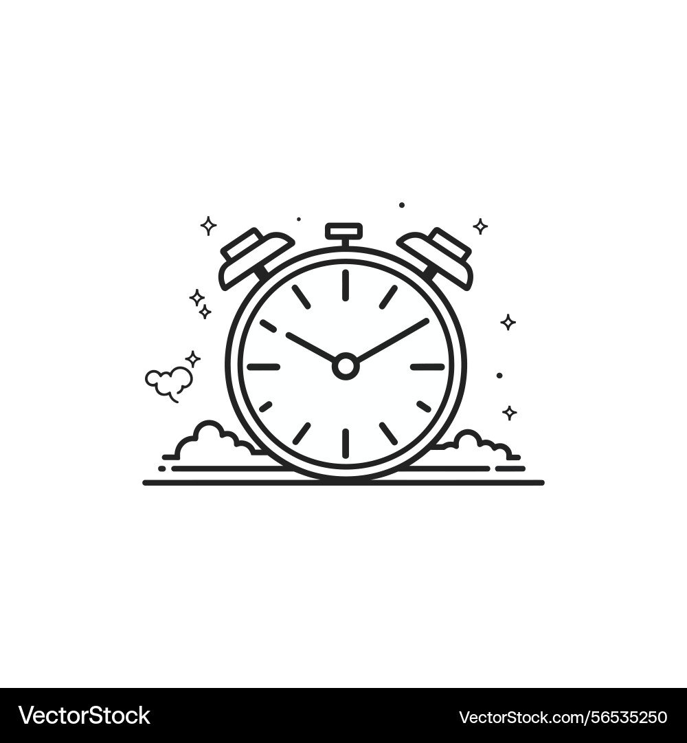 Alarm clock line art style with clouds and stars Vector Image