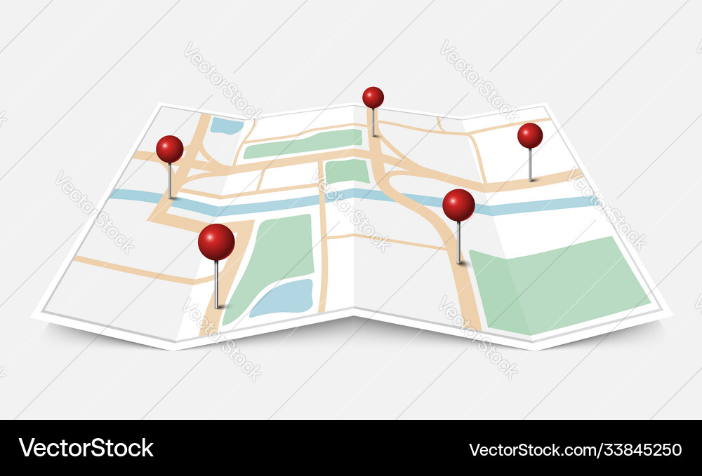 Folded paper city map with red pin pointer vector image