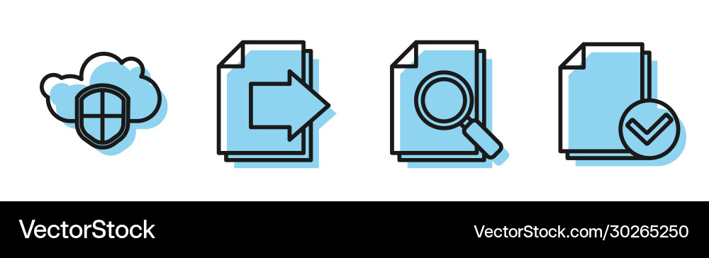Set line document with search cloud and shield Set line document with search cloud and shield Vector Image