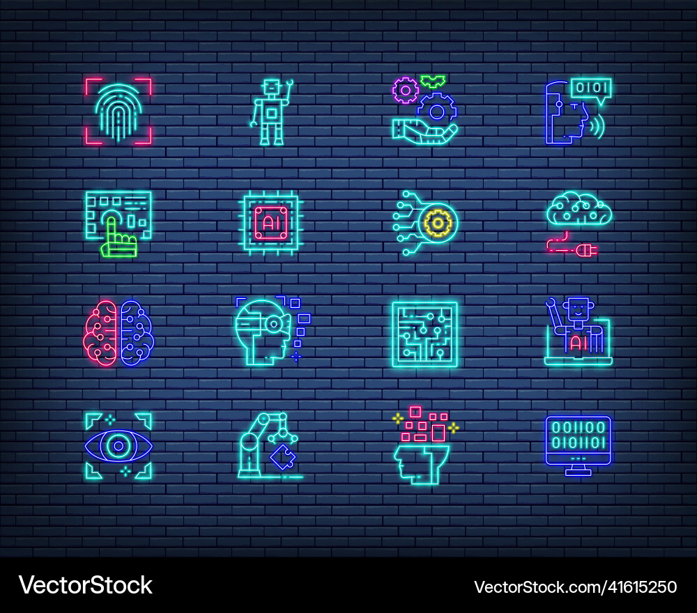 Set of artificial intelligence neon sign computer vector image
