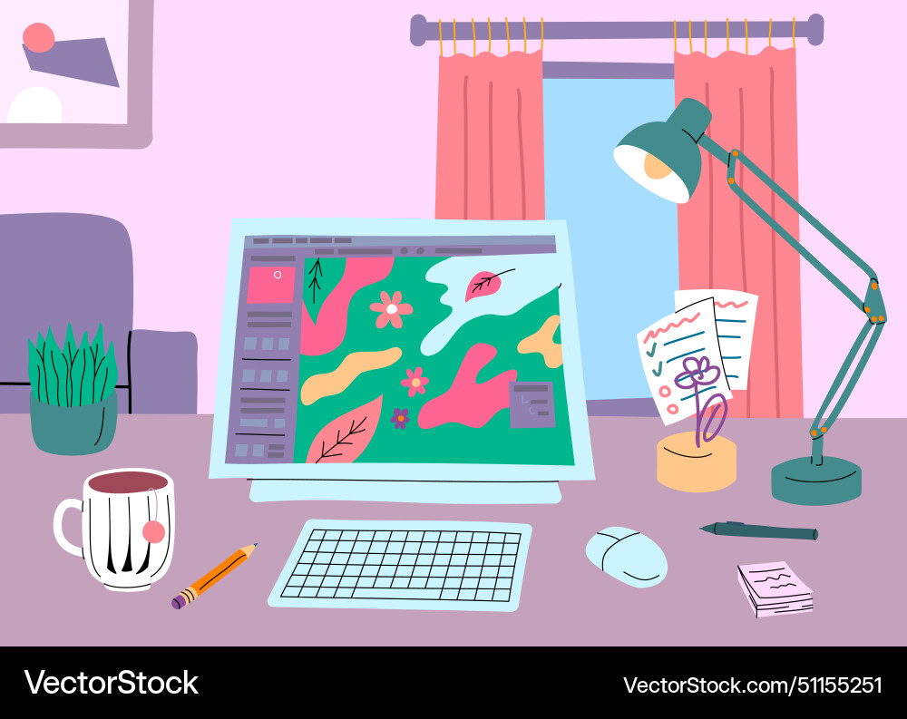 Cartoon color workplace digital artist Royalty Free Vector