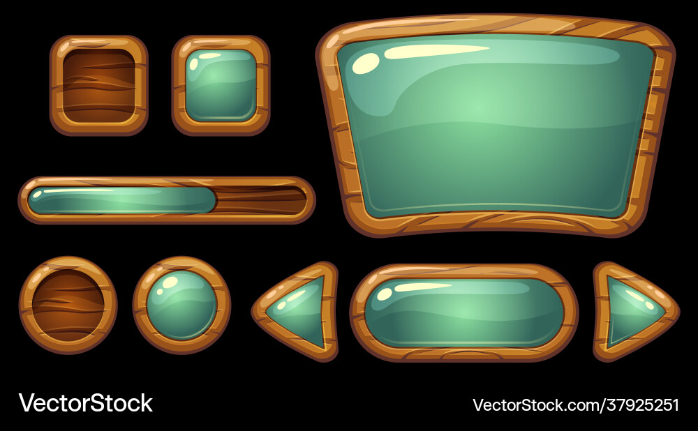 Gui wooden buttons glossy effect game assets Vector Image