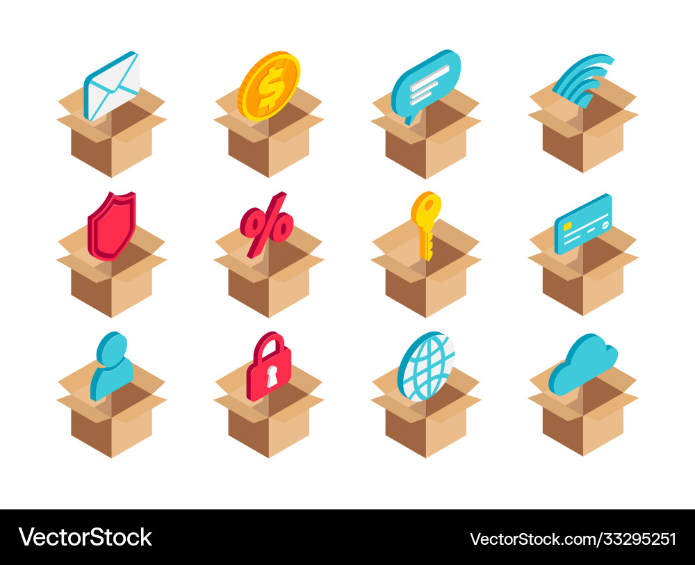 Isometric web services box icon set 3d network Isometric web services box icon set 3d network vector image
