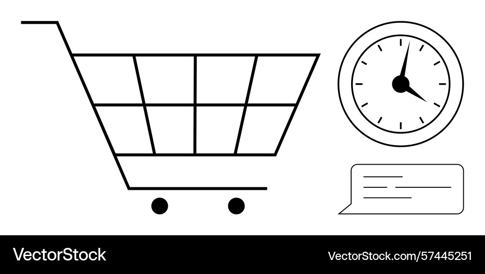 Shopping cart with clock and chat bubble Shopping cart with clock and chat bubble Vector Image