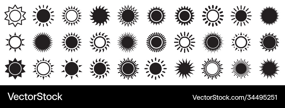 Sun and sunburst icons isolated set on white Sun and sunburst icons isolated set on white vector image