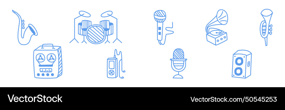 Music object and instrument blue line element vector image