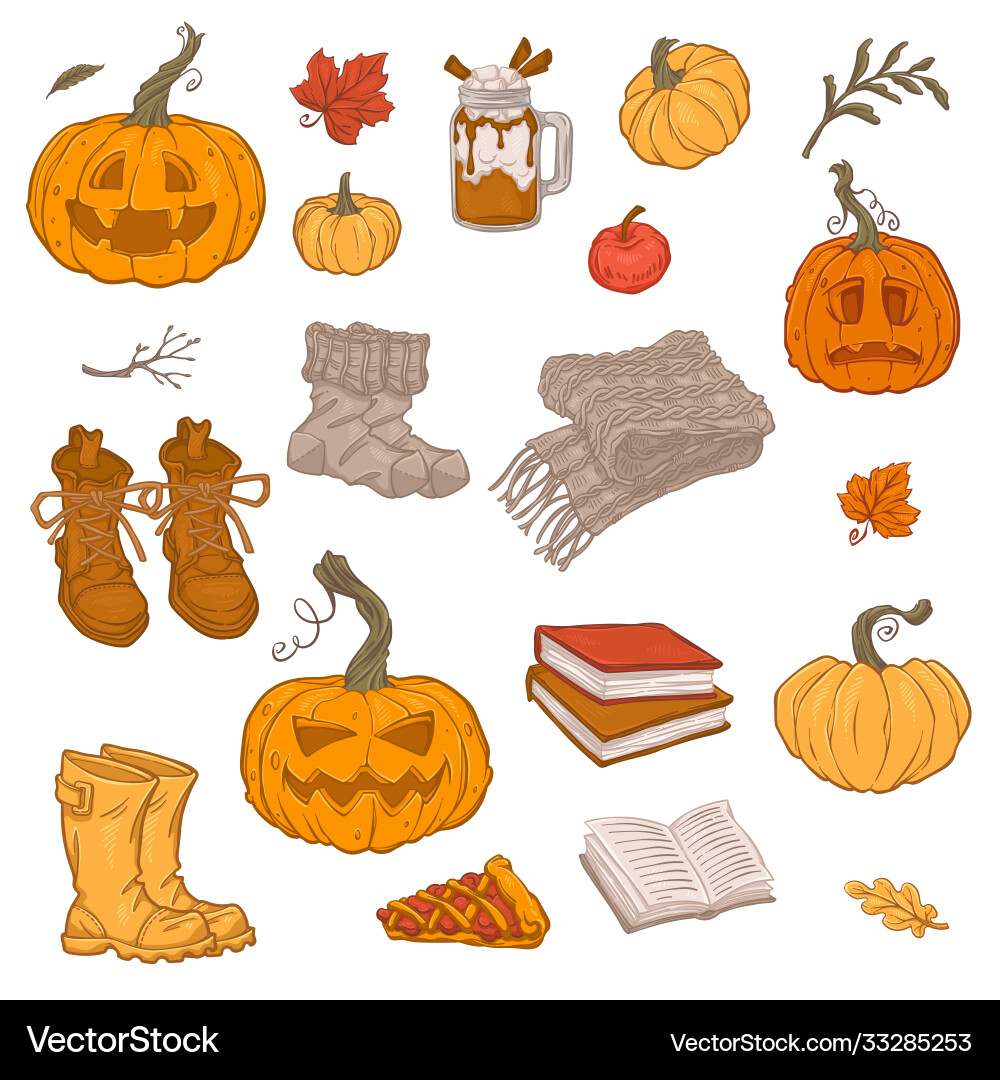Set autumn objects in sketch style vector image