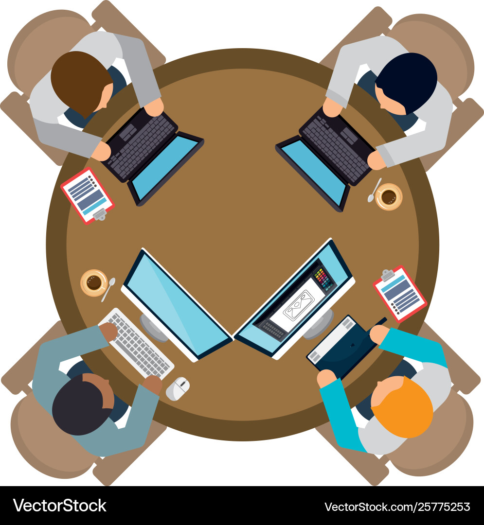 Team workers using computers in workplace Vector Image