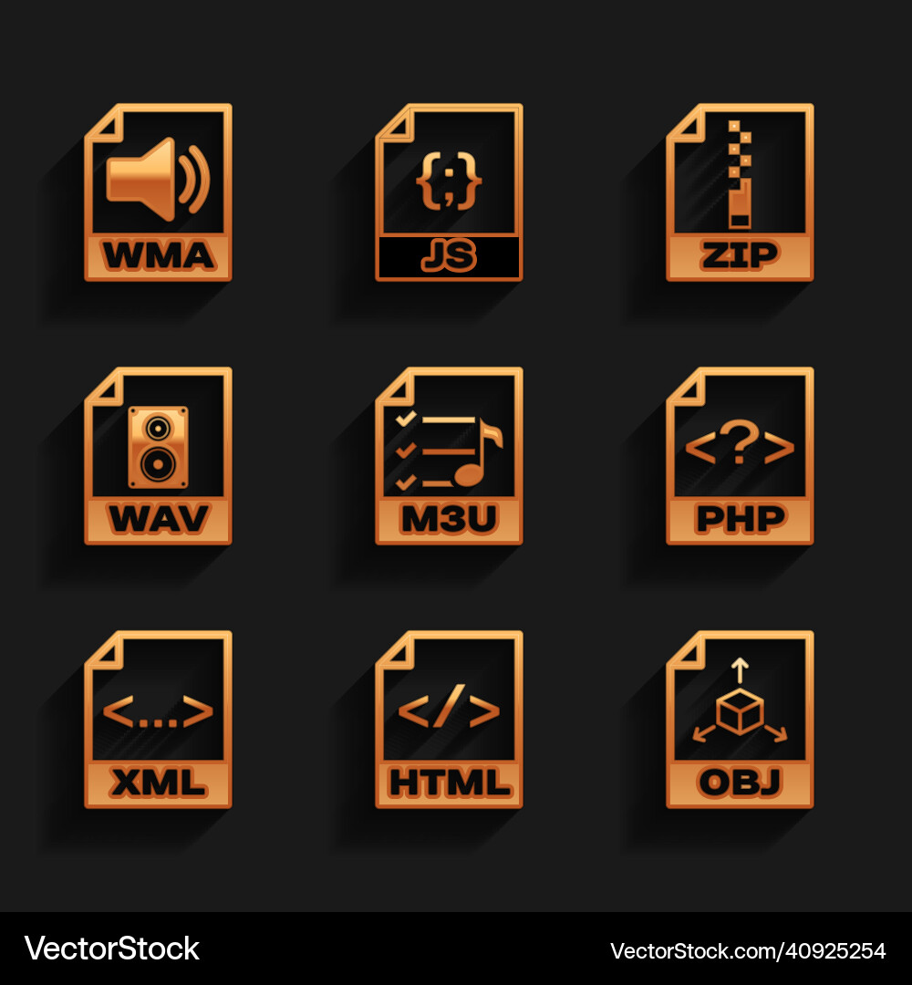 Set m3u file document html obj php xml and wav vector image