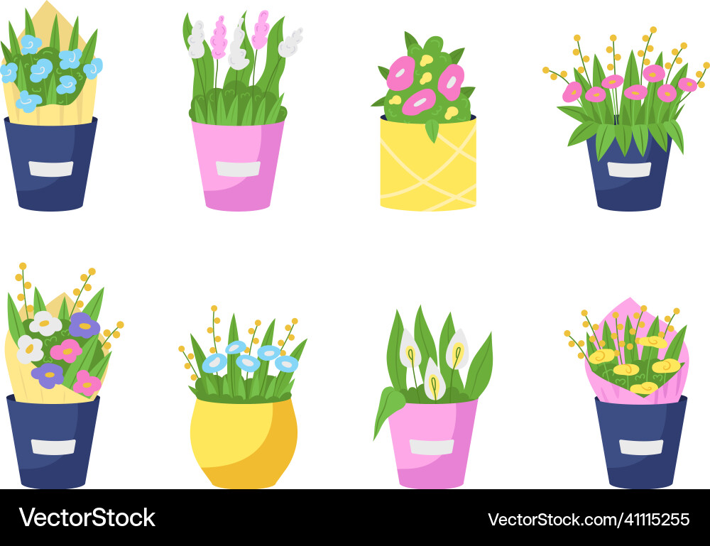 Bouquets in vases flat color object set Bouquets in vases flat color object set vector image