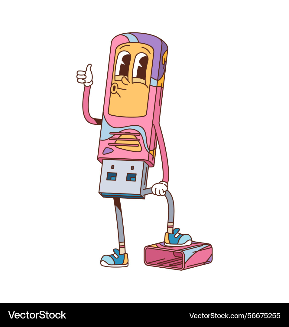 Cartoon groovy computer usb flash memory character Cartoon groovy computer usb flash memory character vector image