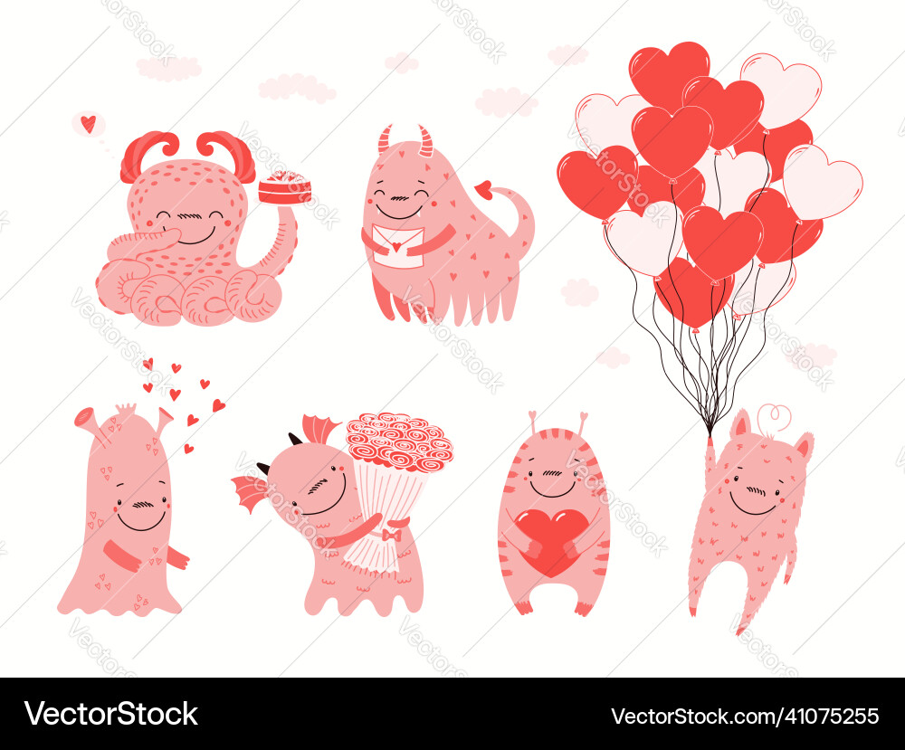 Collection of cute pink monster hearts isolated Collection of cute pink monster hearts isolated vector image
