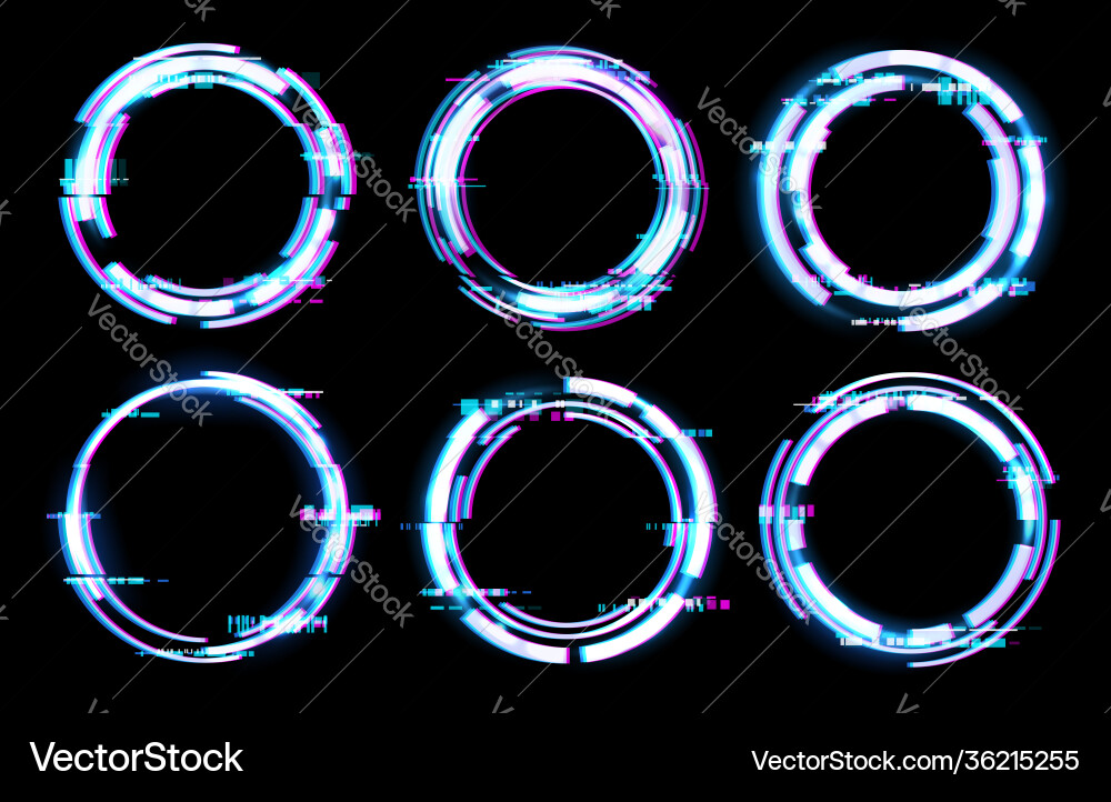 Glitch digitale Rahmen Kreise Neon Lichteffekt Glitch digitale Rahmen Kreise Neon Lichteffekt vektorbild