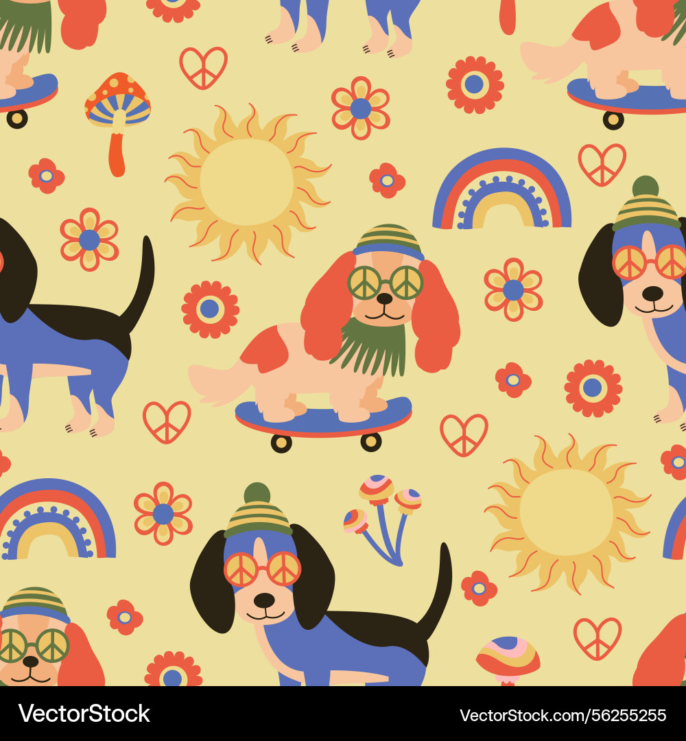 Seamless pattern with boho hippie dog rainbow vector image
