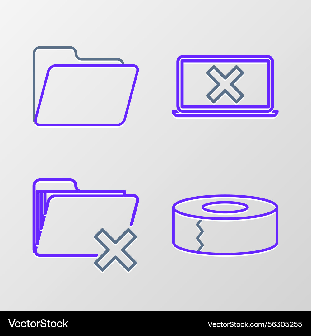 Set line scotch delete folder laptop and cross Set line scotch delete folder laptop and cross vector image