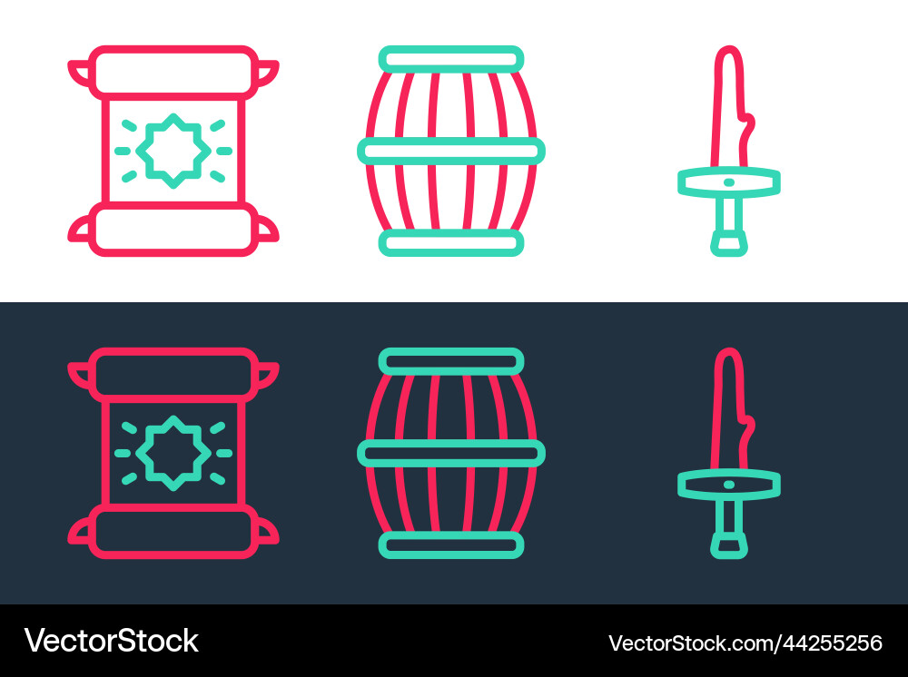 Set line dagger decree parchment scroll and gun Set line dagger decree parchment scroll and gun vector image